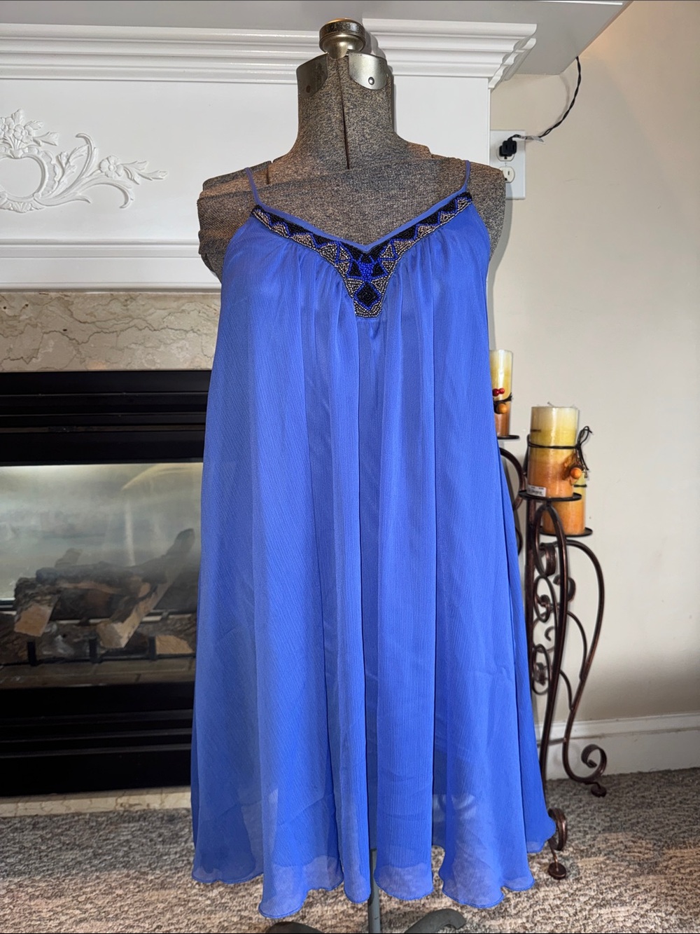 Express Royal Blue Embroidered V-Neck Chemise